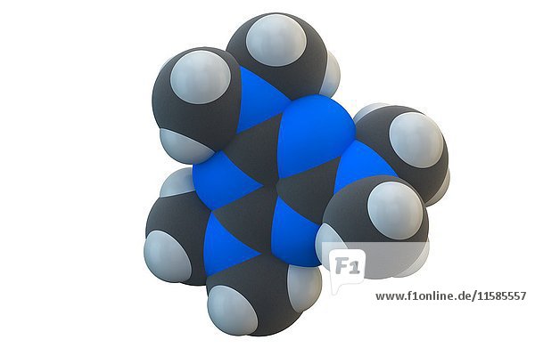 Molekül des Krebsmedikaments Altretamin. Die chemische Formel lautet C9H18N6. Die Atome sind als Kugeln dargestellt: Kohlenstoff (grau)  Wasserstoff (weiß)  Stickstoff (blau). Illustration.