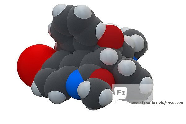 Bedaquiline tuberculosis drug. Diarylquinoline antibacterial used in treatment of mycobacterium tuberculosis infections. Chemical formula is C32H31BrN2O2. Atoms are represented as spheres: carbon (grey)  hydrogen (white)  nitrogen (blue)  oxygen (red). Illustration.