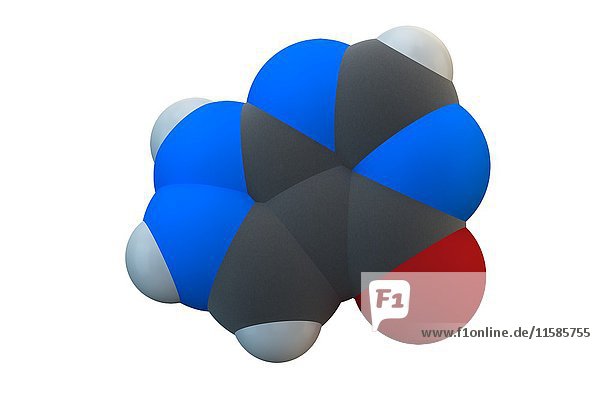 Allopurinol Gicht Medikament Molekül. Die chemische Formel lautet C5H4N4O. Die Atome sind als Kugeln dargestellt: Kohlenstoff (grau)  Wasserstoff (weiß)  Stickstoff (blau)  Sauerstoff (rot). Illustration.