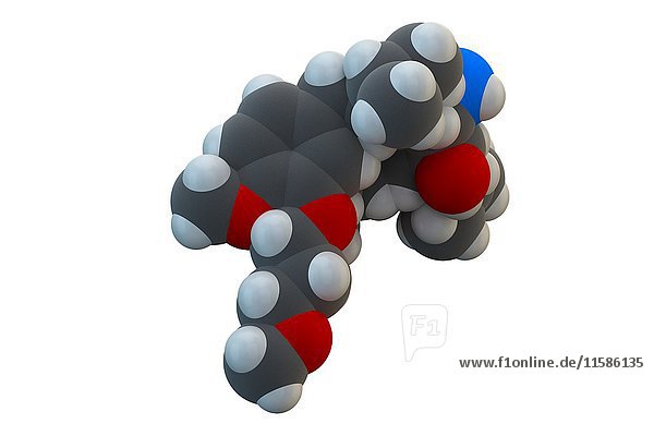 Aliskiren Hypertonie (Bluthochdruck) Medikament (Renin-Hemmer-Klasse). Die chemische Formel lautet C30H53N3O6. Die Atome sind als Kugeln dargestellt: Kohlenstoff (grau)  Wasserstoff (weiß)  Stickstoff (blau)  Sauerstoff (rot). Illustration.