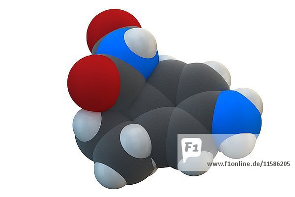 Aminoglutethimid Anti-Steroid-Drogenmolekül. Wird zur Behandlung des Cushing-Syndroms und von Brustkrebs  aber auch von Bodybuildern verwendet. Die chemische Formel lautet C13H16N2O2. Die Atome sind als Kugeln dargestellt: Kohlenstoff (grau)  Wasserstoff (weiß)  Stickstoff (blau)  Sauerstoff (rot). Illustration.