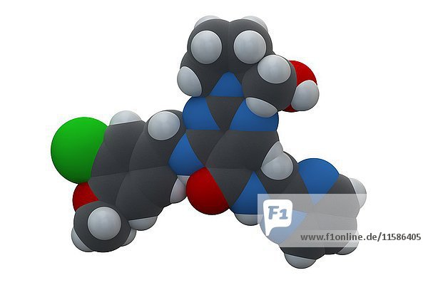 Avanafil erektile Dysfunktion Medikamentenmolekül. PDE5-Hemmer  der bei der Behandlung von Impotenz eingesetzt wird. Die chemische Formel lautet C23H26ClN7O3. Die Atome sind als Kugeln dargestellt: Kohlenstoff (grau)  Wasserstoff (weiß)  Chlor (grün)  Stickstoff (blau)  Sauerstoff (rot). Illustration.