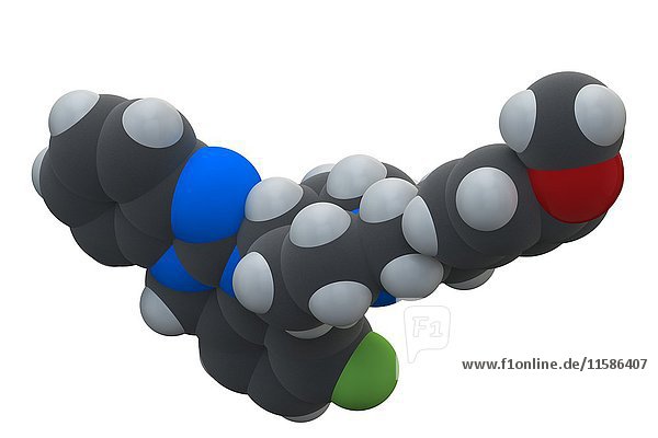 Molekül des Allergie-Medikaments Astemizol. Chemische Formel C28H31FN4O. Die Atome sind als Kugeln dargestellt: Kohlenstoff (grau)  Wasserstoff (weiß)  Stickstoff (blau)  Sauerstoff (rot)  Fluor (grün). Illustration.
