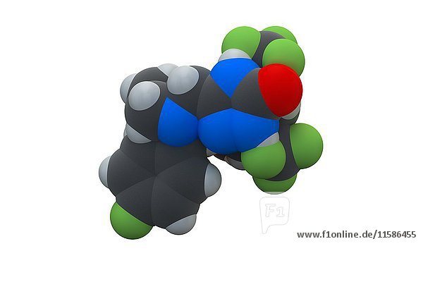 Molekül des Antiemetikums Aprepitant. Die chemische Formel lautet C23H21F7N4O3. Die Atome sind als Kugeln dargestellt: Kohlenstoff (grau)  Wasserstoff (weiß)  Stickstoff (blau)  Sauerstoff (rot)  Fluor (gelb). Illustration.