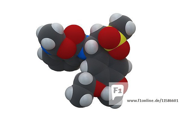 Apremilast Psoriasis Medikament Molekül. Die Atome sind als Kugeln dargestellt: Kohlenstoff (grau)  Wasserstoff (weiß)  Stickstoff (blau)  Sauerstoff (rot)  Schwefel (gelb). Illustration.