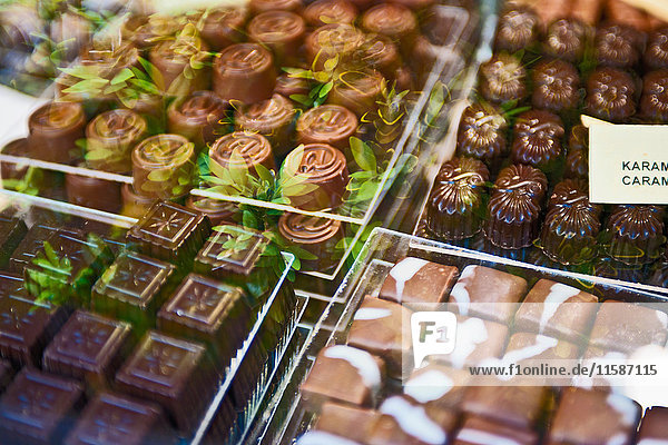 Nahaufnahme von Pralinen in der Vitrine