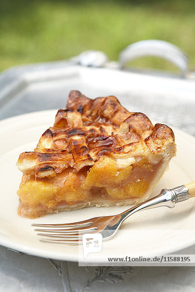Slice of peach pie on plate
