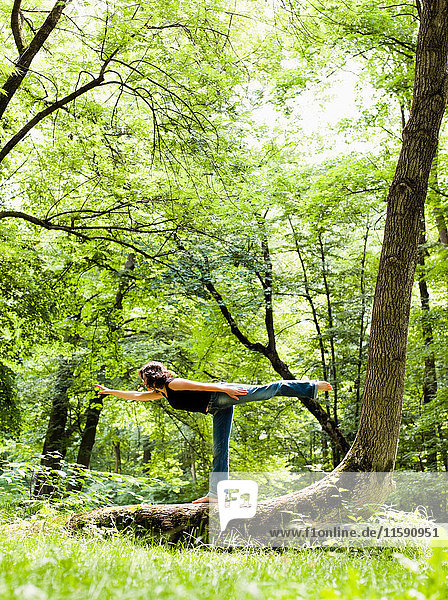 Frau macht Yoga in den Wäldern