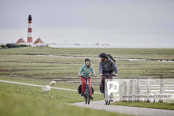 Germany  Schleswig-Holstein  Eiderstedt  couple riding bicycle near Westerheversand Lighthouse