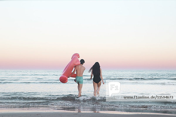 Rückansicht des jungen Paares  das mit aufblasbarem rosa Flamingo ins Meer geht