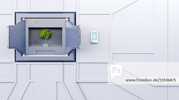 Offener Tresor mit Baum in der Wand  3D-Rendering