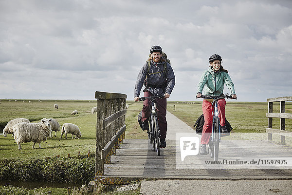 Deutschland  Schleswig-Holstein  Eiderstedt  Paar auf Fahrrädern über die Brücke auf dem Weg durch Salzwiesen