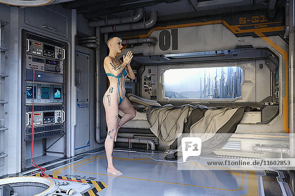 Weiblicher Cyborg übt Yoga in einem futuristischen Schlafzimmer