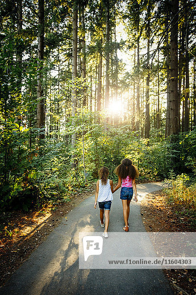 Gemischtrassige Schwestern halten sich an den Händen und gehen auf einem Waldweg