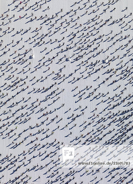 Luftaufnahme von Skifahrern auf schneebedecktem Feld