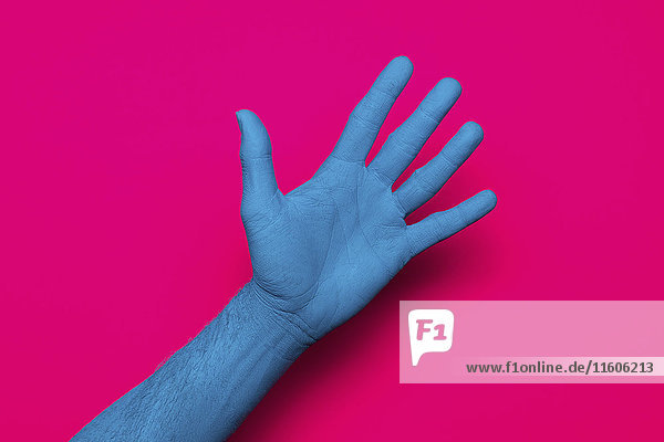Nahaufnahme der blau bemalten Hand vor rosa Hintergrund