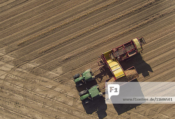 Directly above view of combine harvester in field