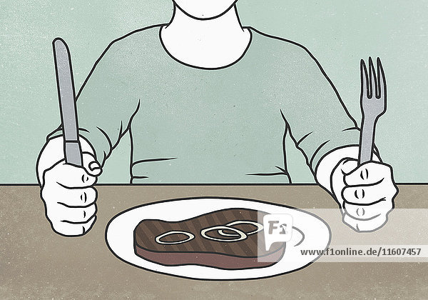 Abbildung eines Mannes  der am Esstisch hinter einem Steak auf einem Teller sitzt.
