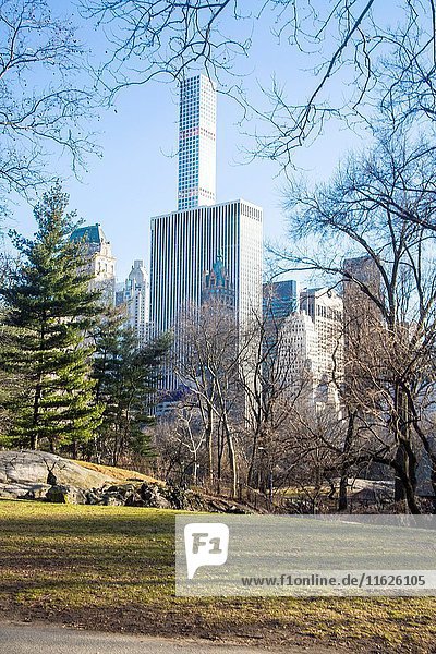 Photo taken from Central park of New York City building. Central Park New York USA in Springtime.