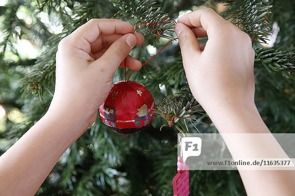 10-year-old boy putting a bowl on a Christmas tree.
