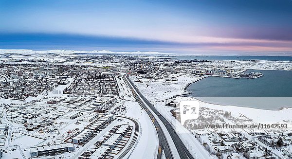 Winter-Arnarnes and Gardabaer suburbs of Reykjavik Iceland. This image is shot using a drone.