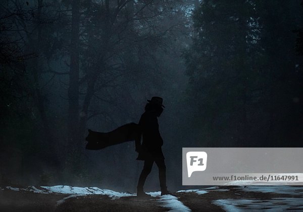 Silhouette eines mysteriösen Bösewichts mit Hut und flatterndem Umhang im Wald bei Schneefall