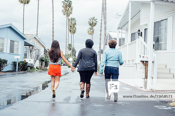 Rückansicht einer Mehrgenerationen-Familie in voller Länge  die auf der Straße geht und sich an den Händen hält