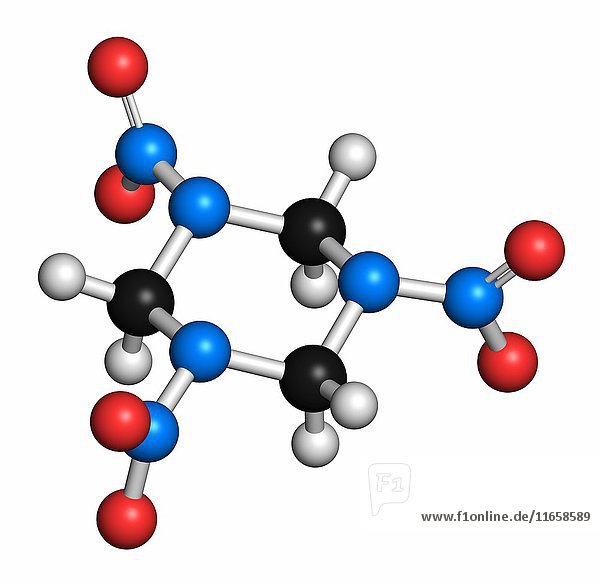RDX (Cyclotrimethylenetrinitramin)  ein explosives Molekül. Die Atome sind als Kugeln mit herkömmlicher Farbkodierung dargestellt: Wasserstoff (weiß)  Kohlenstoff (grau)  Sauerstoff (rot)  Stickstoff (blau).