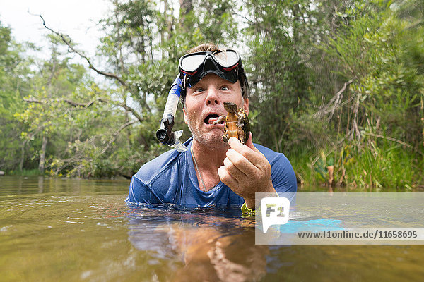 Man in water holding mud turtle  pulling face  Turkey Creek  Niceville  Florida  USA