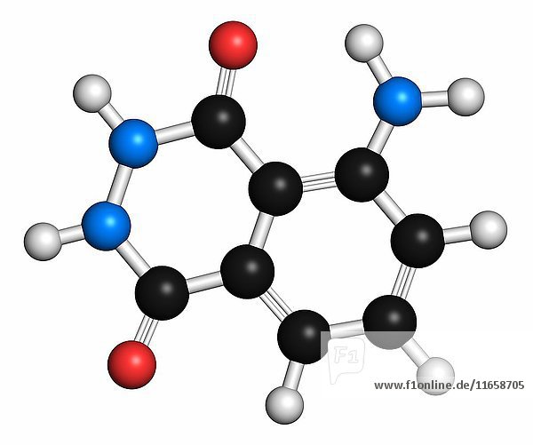 Luminol chemilumineszierendes Molekül. Wird zum Nachweis von Blut an Tatorten verwendet. Die Atome werden als Kugeln mit herkömmlicher Farbkodierung dargestellt: Wasserstoff (weiß)  Kohlenstoff (grau)  Sauerstoff (rot)  Stickstoff (blau).