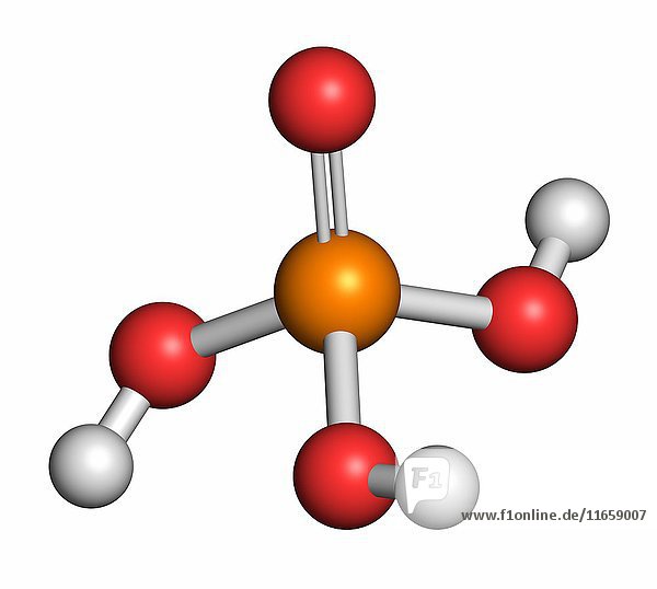 Phosphorsäure ist ein Mineralsäuremolekül. Wird in der Düngemittelproduktion  als biologischer Puffer  als Lebensmittelzusatzstoff usw. verwendet. Die Atome sind als Kugeln mit herkömmlicher Farbkodierung dargestellt: Wasserstoff (weiß)  Sauerstoff (rot)  Phosphor (orange).