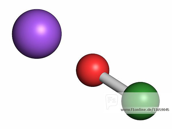 Sodium hypochlorite (NaOCl) molecule. Aqueous solution is known as (liquid) bleach. Atoms are represented as spheres with conventional colour coding: chlorine (green)  oxygen (red)  sodium (purple).