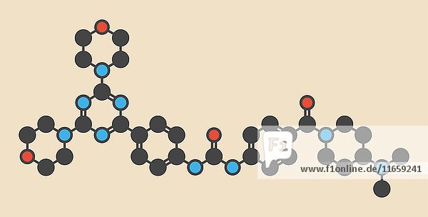 Molekül des Krebsmedikaments Gedatolisib. Stilisierte Skelettformel (chemische Struktur): Die Atome sind als farbcodierte Kreise dargestellt: Wasserstoff (verdeckt)  Kohlenstoff (grau)  Stickstoff (blau)  Sauerstoff (rot).