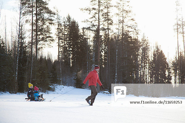 Vater zieht Söhne auf Schlitten in schneebedeckter Landschaft mit