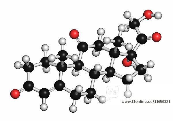 Molekül des Stresshormons Kortison. Die Atome sind als Kugeln mit der üblichen Farbkodierung dargestellt: Wasserstoff (weiß)  Kohlenstoff (grau)  Sauerstoff (rot).