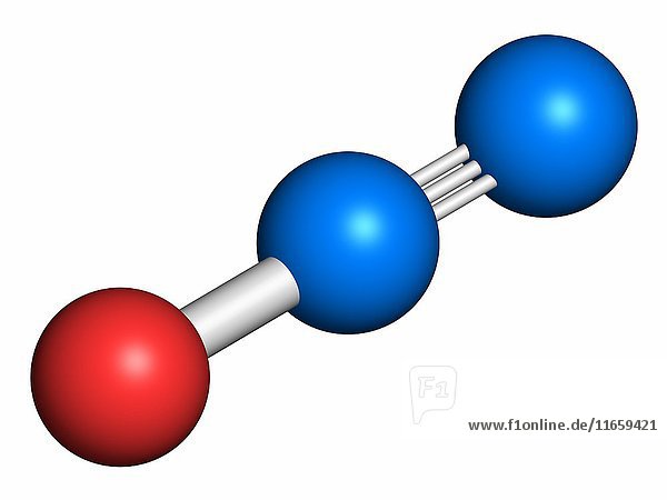 Distickstoffmonoxid (NOS  Lachgas  N2O) Molekül. Wird in der Chirurgie als Schmerz- und Narkosemittel und auch als Oxidationsmittel in Raketen- und Verbrennungsmotoren verwendet. Die Atome werden als Kugeln mit der üblichen Farbkodierung dargestellt: Stickstoff (blau)  Sauerstoff (rot).