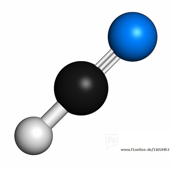 Cyanwasserstoff (HCN)-Giftmolekül. Hat einen typischen mandelartigen Geruch. Die Atome sind als Kugeln mit herkömmlicher Farbkodierung dargestellt: Wasserstoff (weiß)  Kohlenstoff (grau)  Stickstoff (blau).