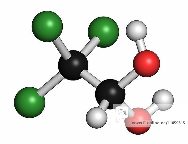 Molekül des Sedativums und Hypnotikums Chloralhydrat. Die Atome sind als Kugeln mit konventioneller Farbkodierung dargestellt: Wasserstoff (weiß)  Kohlenstoff (grau)  Sauerstoff (rot)  Chlor (grün).
