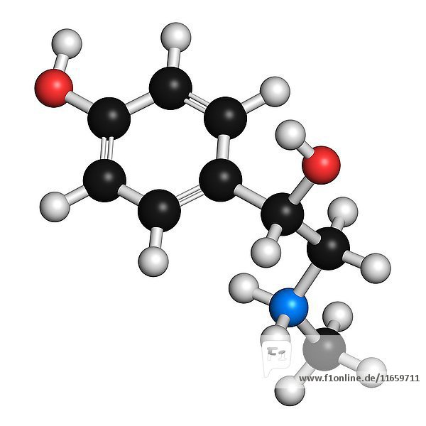 Synephrine herbal stimulant molecule. Present in several Citrus species. 3D rendering. Atoms are represented as spheres with conventional colour coding: hydrogen (white)  carbon (black)  oxygen (red)  nitrogen (blue).