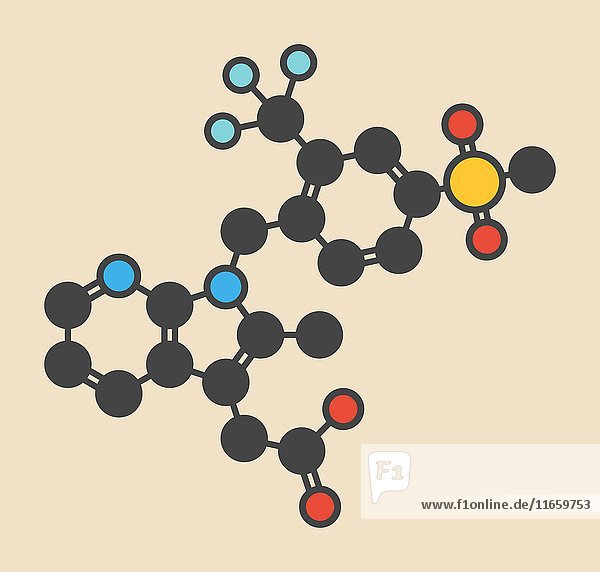 Molekül des Asthmamittels Fevipiprant. Stilisierte Skelettformel (chemische Struktur): Die Atome sind als farbcodierte Kreise dargestellt: Wasserstoff (verdeckt)  Kohlenstoff (grau)  Stickstoff (blau)  Sauerstoff (rot)  Schwefel (grün)  Fluor (cyan).