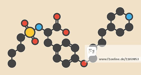 Molekül des gerinnungshemmenden Arzneimittels Tirofiban. Stilisierte Skelettformel (chemische Struktur): Die Atome sind als farbcodierte Kreise dargestellt: Wasserstoff (verdeckt)  Kohlenstoff (grau)  Stickstoff (blau)  Sauerstoff (rot)  Schwefel (gelb).