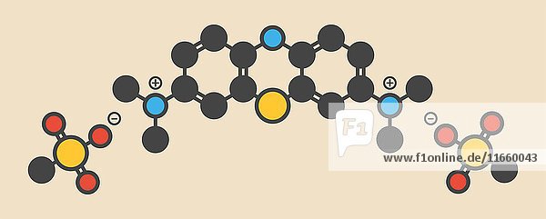 Leuco-Methylthioninium (LMTX) Molekül der Alzheimer-Krankheit (Tau-Aggregationshemmer). Stilisierte Skelettformel (chemische Struktur): Die Atome sind als farbcodierte Kreise dargestellt: Wasserstoff (verdeckt)  Kohlenstoff (grau)  Stickstoff (blau)  Schwefel (gelb)  Sauerstoff (rot).
