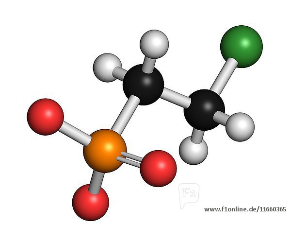 Pflanzenwachstumsregulator-Molekül Ethephon. 3D-Wiedergabe. Die Atome sind als Kugeln mit konventioneller Farbkodierung dargestellt: Wasserstoff (weiß)  Kohlenstoff (schwarz)  Sauerstoff (rot)  Chlor (grün)  Phosphor (orange).