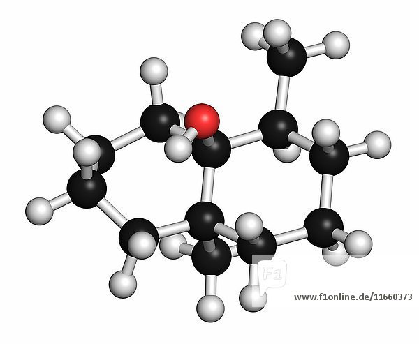 Geosmin erdiges Geschmacksmolekül. Verantwortlich für den typischen Geschmack von Roter Bete. Die Atome sind als Kugeln mit konventioneller Farbkodierung dargestellt: Wasserstoff (weiß)  Kohlenstoff (grau)  Sauerstoff (rot).