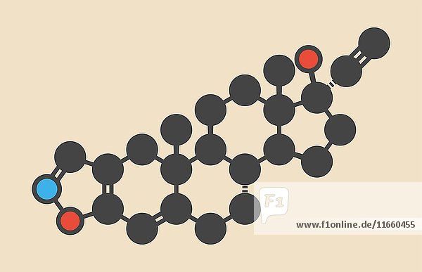 Danazol Endometriose Medikament Molekül. Stilisierte Skelettformel (chemische Struktur): Die Atome sind als farbcodierte Kreise dargestellt: Wasserstoff (verdeckt)  Kohlenstoff (grau)  Stickstoff (blau)  Sauerstoff (rot).