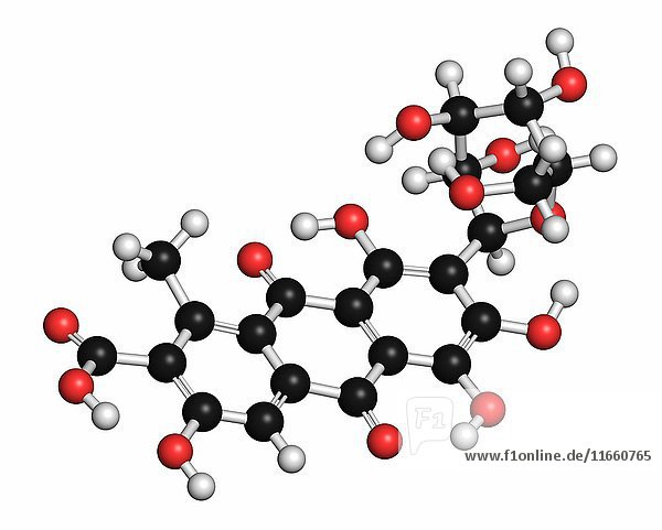 Pigmentmolekül der Carminsäure. Kommt natürlich in der Cochenille (Schildlaus) vor. Die Atome sind als Kugeln mit herkömmlicher Farbkodierung dargestellt: Wasserstoff (weiß)  Kohlenstoff (grau)  Sauerstoff (rot).