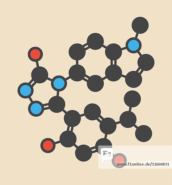 Krebsmedikament Ganetespib (HSP90-Inhibitor). Stilisierte Skelettformel (chemische Struktur): Die Atome sind als farbcodierte Kreise dargestellt: Wasserstoff (verdeckt)  Kohlenstoff (grau)  Stickstoff (blau)  Sauerstoff (rot).
