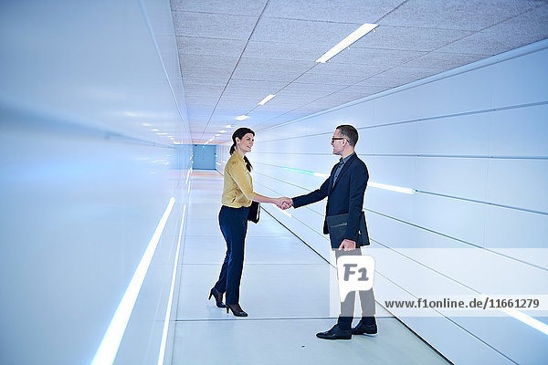 Geschäftsfrau und Mann schütteln Hände im Bürokorridor