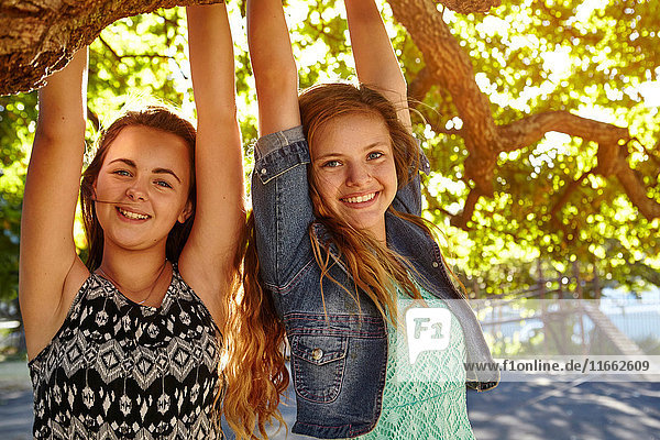 Portrait of two female friends outdoors  hanging on tree branch