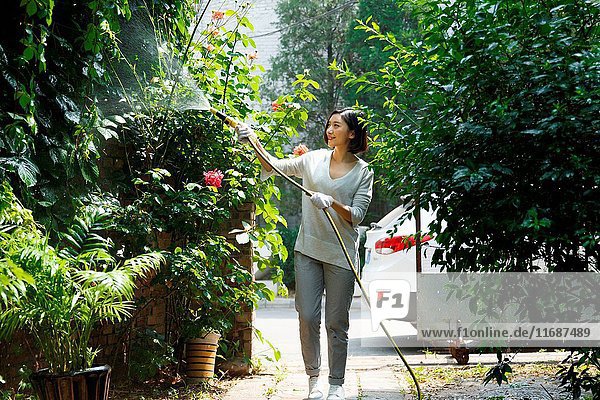 Young couple gardening in backyard